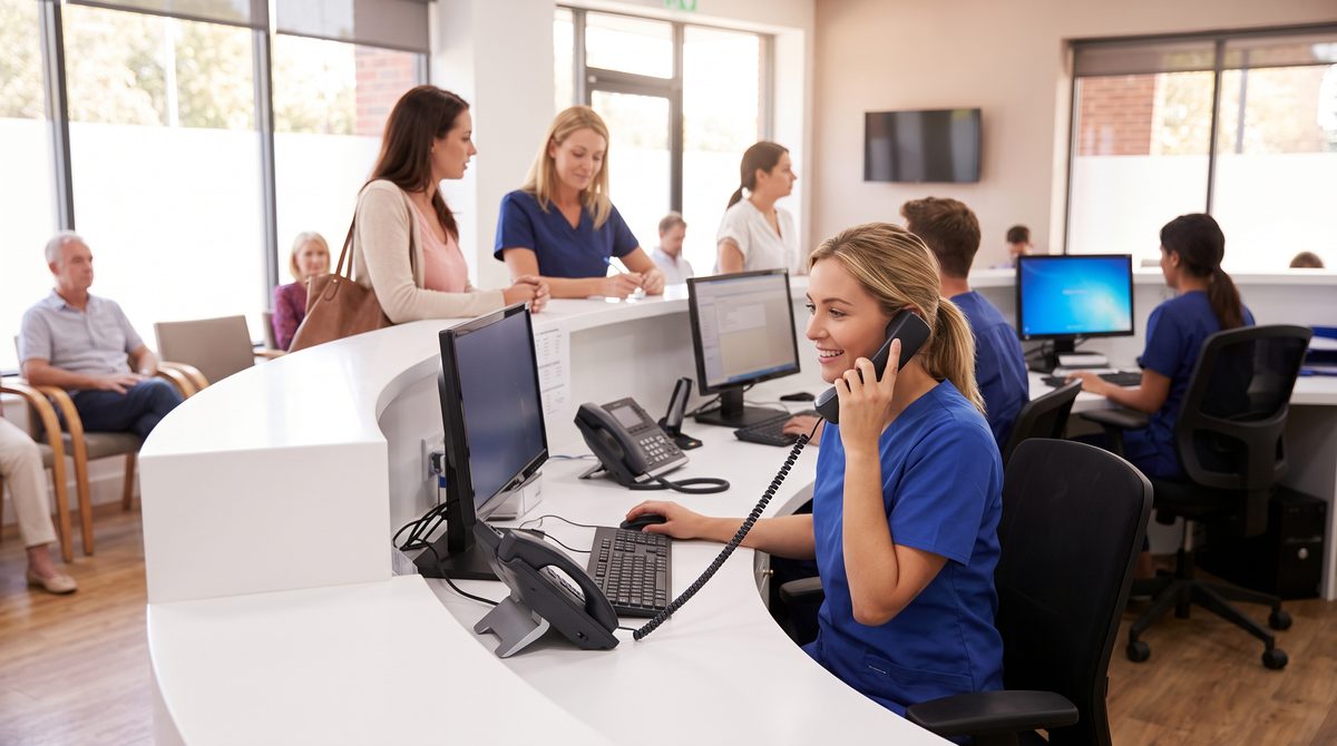 Recepción de una clínica: el equipo atiende el teléfono mientras otros pacientes esperan en el mostrador.